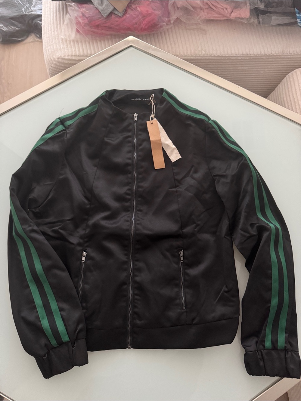 Women’s Black Track Jacket with Green Stripes